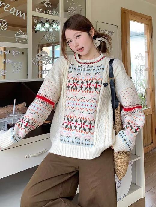 D112539新款几何图案设计感圆领长袖针织衫毛衣女款 商品图0