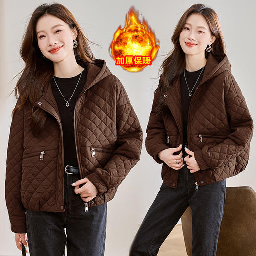 WXN5631红色轻薄棉衣外套女2025冬季新款洋气百搭显瘦夹棉菱形格连帽棉袄 商品图1