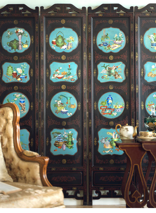 【已售】独角鹿西洋古董20世纪中国创汇时期出品漆木描金彩绘嵌掐丝珐琅清供博古图六曲屏风 商品图3
