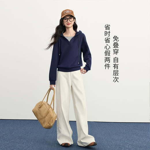 【周末秒杀】熙世界假两件卫衣女宽松慵懒2025秋季新款百搭chic套头连帽衫上衣 商品图1