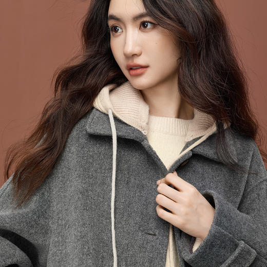 【11/26新品】熙世界可拆卸针织连帽毛呢大衣女2025冬季新款中长款羊毛呢子外套 商品图4