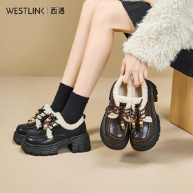 西遇厚底加绒乐福鞋女新款冬季外穿复古保暖棉鞋子系带小皮鞋V2457353