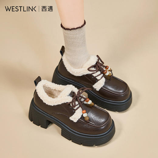 西遇厚底加绒乐福鞋女新款冬季外穿复古保暖棉鞋子系带小皮鞋V2457353 商品图1