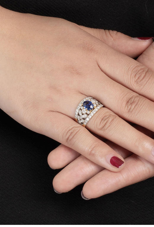 独角鹿西洋古董20世纪晚期法国出品18K黄金镶嵌钻石及蓝宝石戒指 商品图0