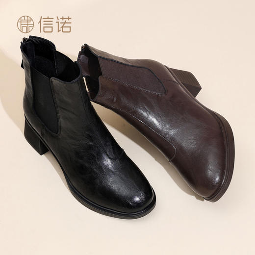 信诺加绒妈妈棉鞋女粗跟瘦瘦靴百搭气质短靴切尔西靴2025冬季新款5M193-28TD 商品图1