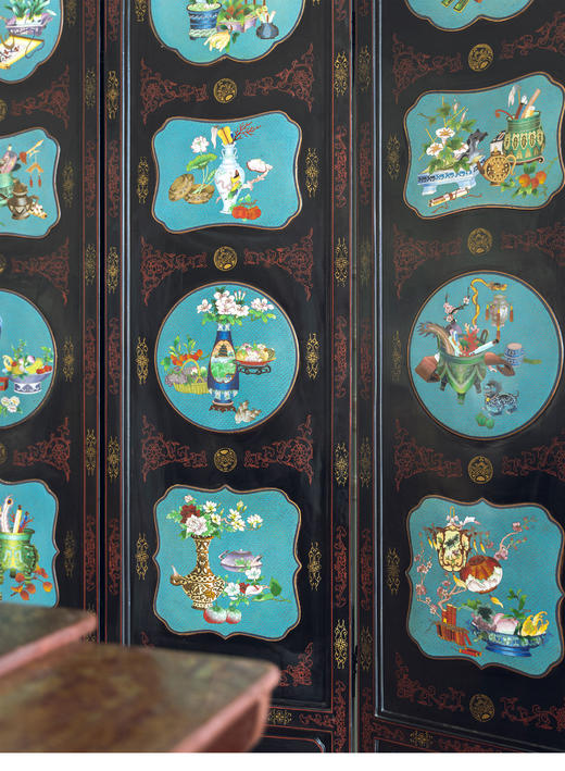 【已售】独角鹿西洋古董20世纪中国创汇时期出品漆木描金彩绘嵌掐丝珐琅清供博古图六曲屏风 商品图4