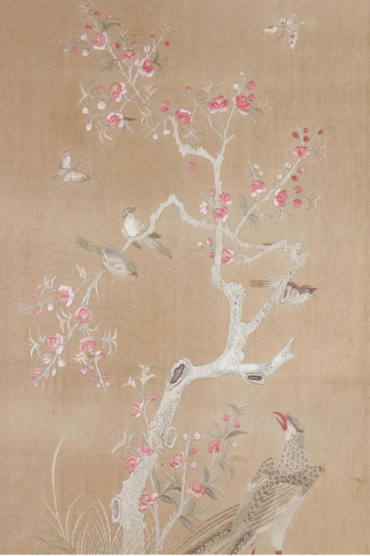 独角鹿西洋古董19世纪中国出品「桃花双绶」主题苏绣挂屏一对 商品图6