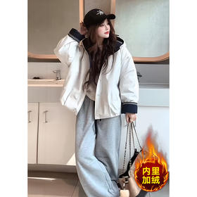 2025冬季新款撞色连帽加绒加厚棉服外套女短款宽松时尚休闲派克服