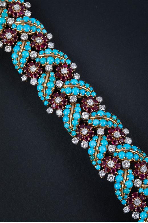 独角鹿西洋古董1960年代法国出品「花叶」造型18K黄金铂金镶嵌绿松石钻石及红宝石手镯 商品图4