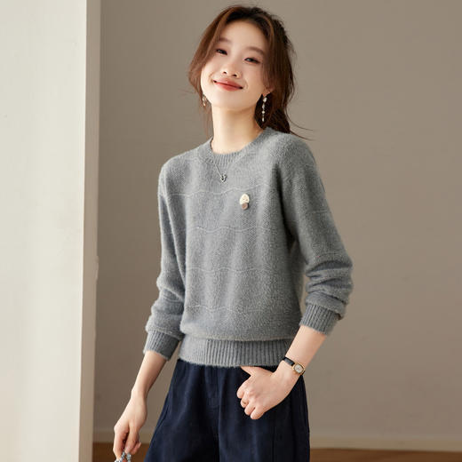 CC韩系刺绣圆领毛衣女秋冬宽松慵懒风针织衫内搭高级感保暖打底上衣 商品图2