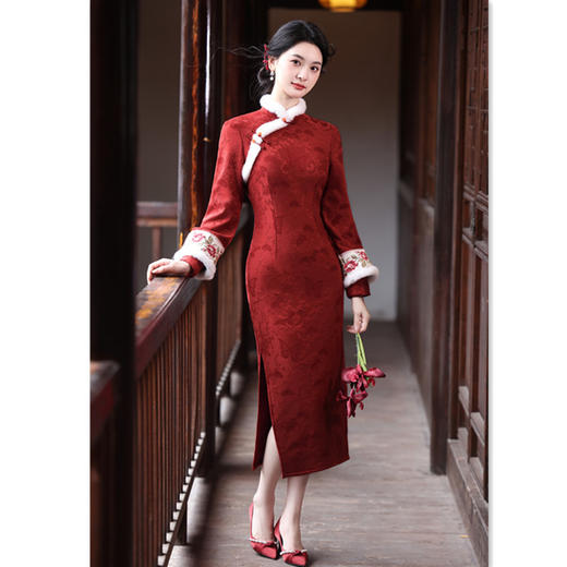 GX红色改良新中式年轻少女款长袖旗袍2025冬新款日常可穿回娘家旗袍 商品图2