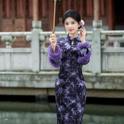 冬季厚款紫色丝绒长袖，改良旗袍高级感新中式GX-8864 商品图1