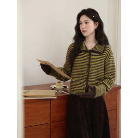 鹿向南「坠红叠翠」黄绿条纹法式开衫女秋冬款宽松小众复古风毛衣
