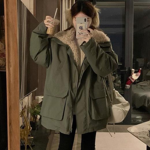 赵露思同款派克服冲锋衣女中长款羊羔绒加绒加厚拼接棉服外套 商品图3