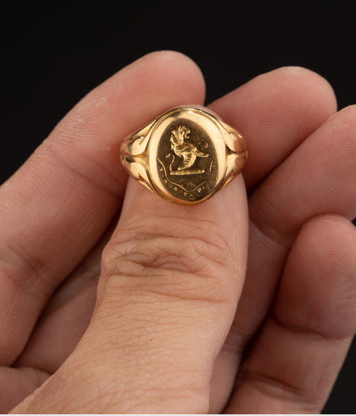 独角鹿西洋古董1870-1880年英国出品18K黄金雕刻雄狮主题印章戒指 商品图3