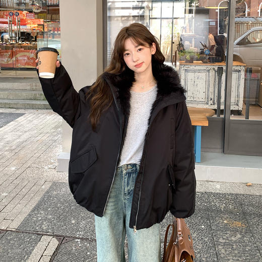 冬季新款国潮座山毛绒连帽毛领棉服设计感加厚时尚棉衣派克服外套 商品图2
