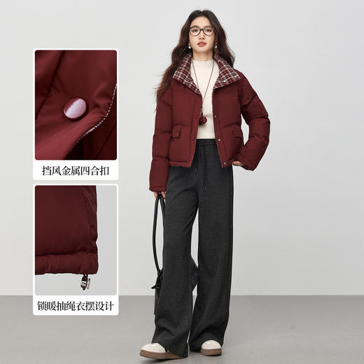 【年货节】熙世界酒红色面包羽绒棉服女2025冬季新款设计感格纹棉袄短款外套 商品图2