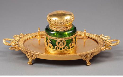 【已售】独角鹿西洋古董19世纪末法国出品帝政风格铜鎏金精雕镶嵌绿水晶墨水台 商品图1