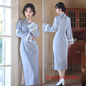 GX麂皮绒加绒长款倒大袖旗袍2025冬季新款时尚改良年轻少女日常旗袍