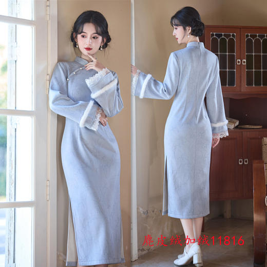 GX麂皮绒加绒长款倒大袖旗袍2025冬季新款时尚改良年轻少女日常旗袍 商品图0