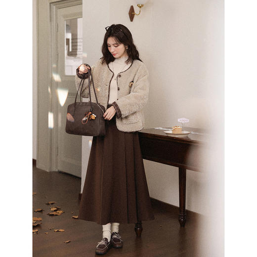 鹿向南「棕夜圆舞曲」复古高腰咖色百褶半身裙女秋冬显瘦A字长裙 商品图3