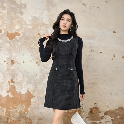 奢姿大码女装2025冬季时尚钻领圆领背心裙胖妹妹气质减龄优雅裙子9954853820 商品图1