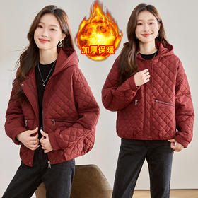WXN5631红色轻薄棉衣外套女2025冬季新款洋气百搭显瘦夹棉菱形格连帽棉袄