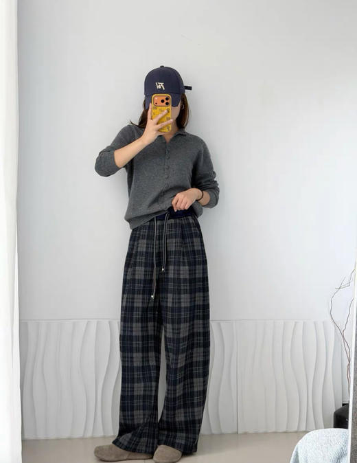 ACME含羊毛格纹+醋酸丝绒松紧腰直筒美式格纹裤 商品图7