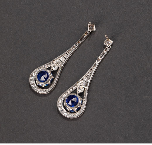 独角鹿西洋古董1930年代欧洲出品装饰艺术风格水滴造型铂金镶嵌钻石及蓝宝石耳坠 商品图4