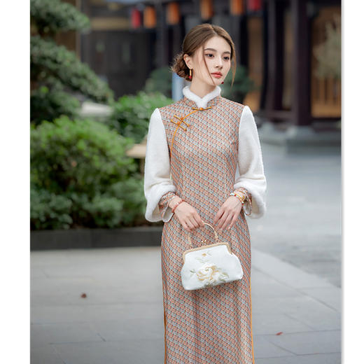 GX时尚拼接年轻少女款长款加厚倒大袖旗袍2025冬季新款日常宽松旗袍 商品图1