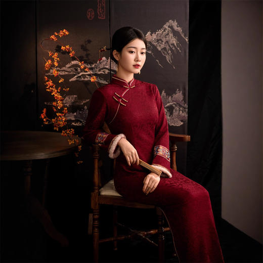 GX针织提花长款加绒喜妈妈婚宴旗袍2025冬款时尚拼接改良新中式旗袍 商品图2