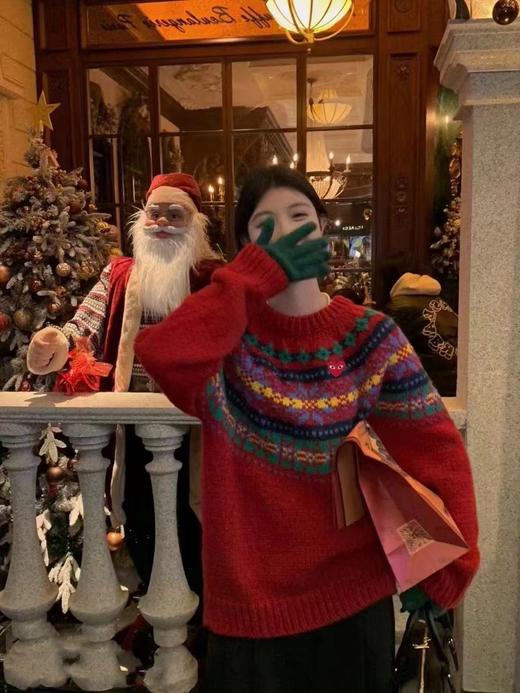 D112570费尔岛提花套头红色圆领毛衣针织衫 商品图3