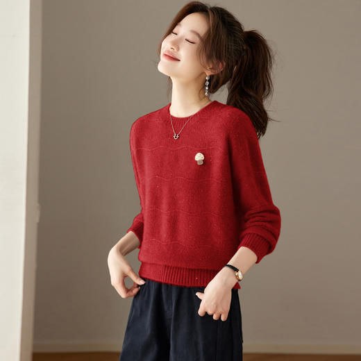CC韩系刺绣圆领毛衣女秋冬宽松慵懒风针织衫内搭高级感保暖打底上衣 商品图0