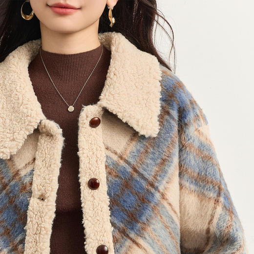 【11/26新品】熙世界小香风仿羊羔毛绒翻领格纹短外套女装冬季复古夹棉毛呢大衣 商品图3