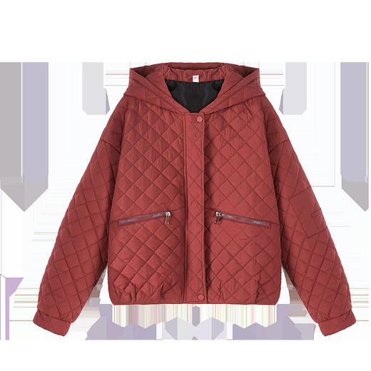 WXN5631红色轻薄棉衣外套女2025冬季新款洋气百搭显瘦夹棉菱形格连帽棉袄 商品图4