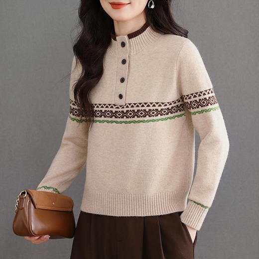 CC秋冬新款半高领多纽扣针织衫女保暖撞色条纹毛衣洋气百搭打底衫 商品图3