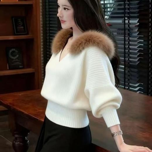 2025秋冬新款韩版时尚轻熟风连帽针织衫慵懒风毛领毛衣潮 商品图3