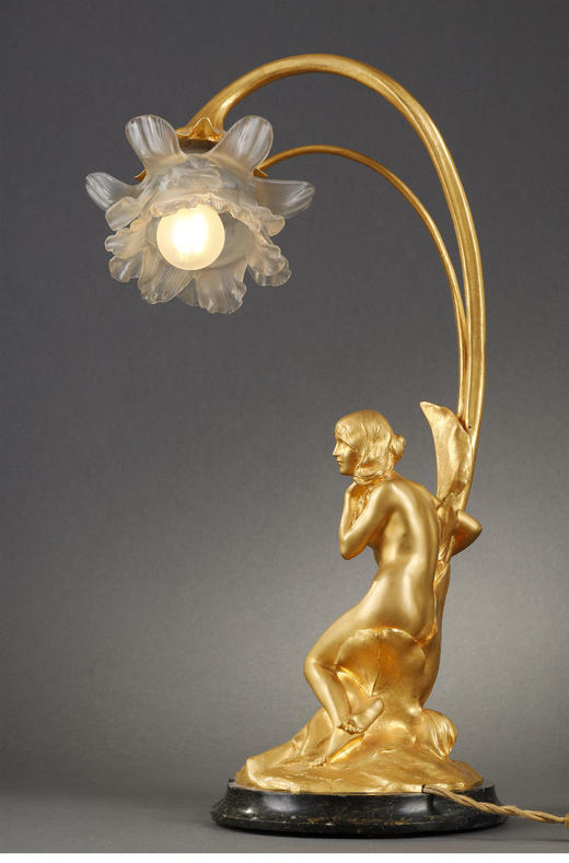 独角鹿西洋古董1906年法国出品铜鎏金精雕少女花卉主题台灯 商品图2