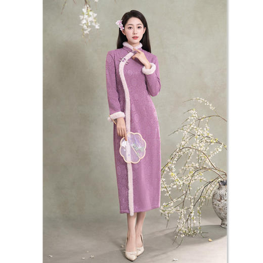 GX针织提花加绒改良新中式年轻少女款长款旗袍2025冬季新款日常旗袍 商品图3