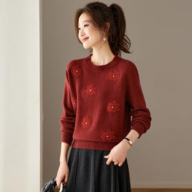 CC2025秋冬新款高级感圆领针织衫红色刺绣本命年毛衣小个子打底上衣