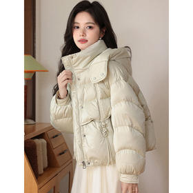 鹿向南「心意昭然」90白鸭绒绿色连帽短款羽绒服女秋冬保暖面包服