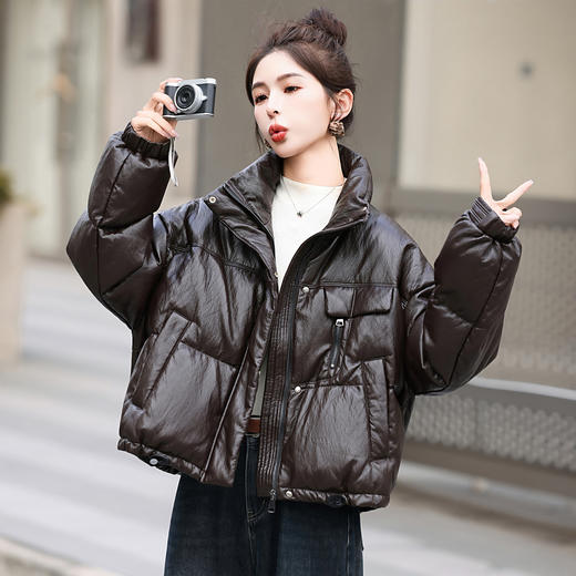 时尚免洗皮衣羽绒服，黑色宽松大码面包服小个子外套HR-YF2680A 商品图0