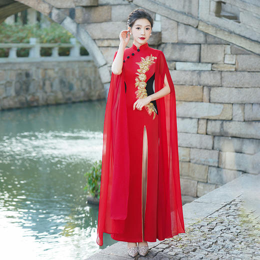 红色中式演出旗袍2025新款表演走秀礼仪主持人礼服时尚大气夏文艺 商品图3