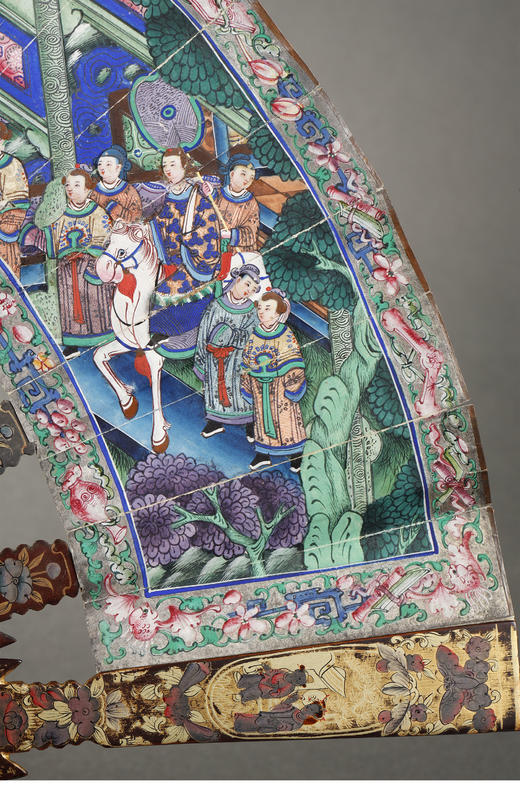 独角鹿西洋古董清代晚期十三行出品纸本彩绘「郭子仪拜寿图」髹漆描金骨折扇 商品图2