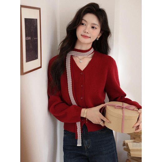 鹿向南「冰雪玫瑰」复古红色毛衣女秋冬高级感气质优雅针织衫上衣 商品图0