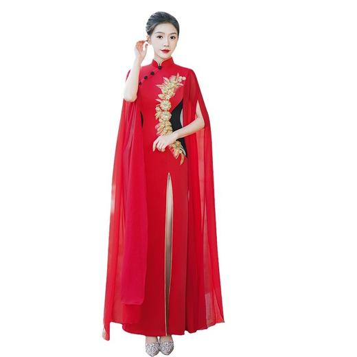 红色中式演出旗袍2025新款表演走秀礼仪主持人礼服时尚大气夏文艺 商品图4
