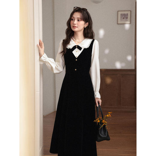 鹿向南「茉莉甜茶」法式假两件黑色衬衫连衣裙女秋冬修身A字长裙 商品图2