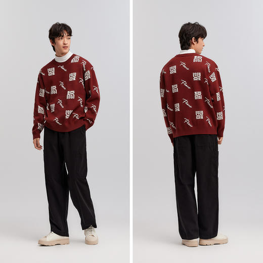 森马张仁华非遗联名毛衫男春季提花针织衫宽松套头圆领情侣款毛衣 商品图3