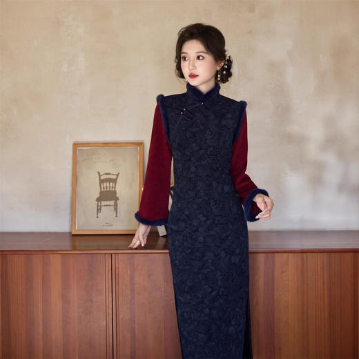 GX时尚拼接长款倒大袖旗袍2025秋冬新款改良新中式木棉绒旗袍 商品图0