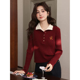 鹿向南「剪花映雪」红色翻领内搭针织打底衫女2025秋冬季修身长袖